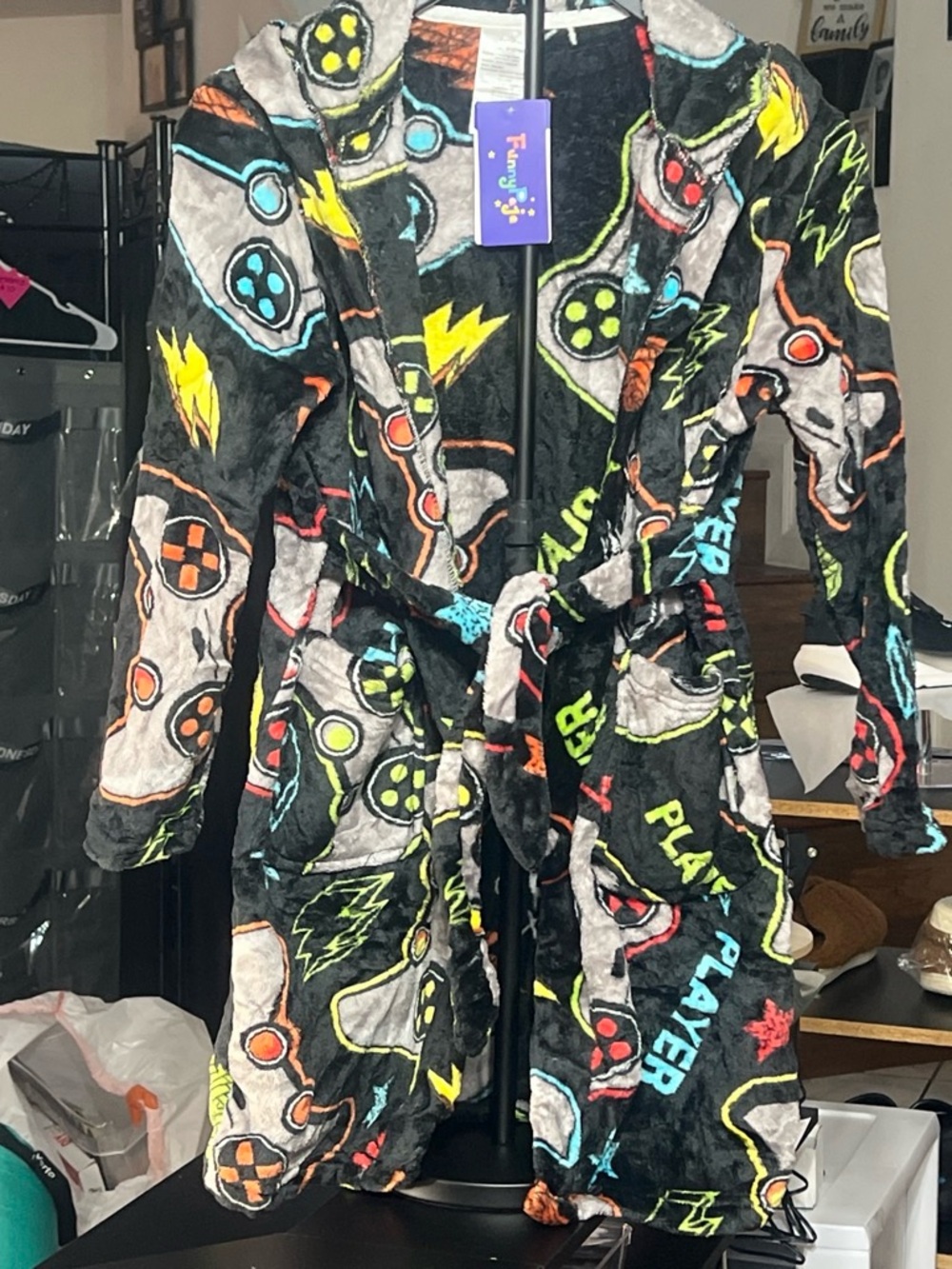 Kids Plush Gaming Robe - Black with Neon Graphics